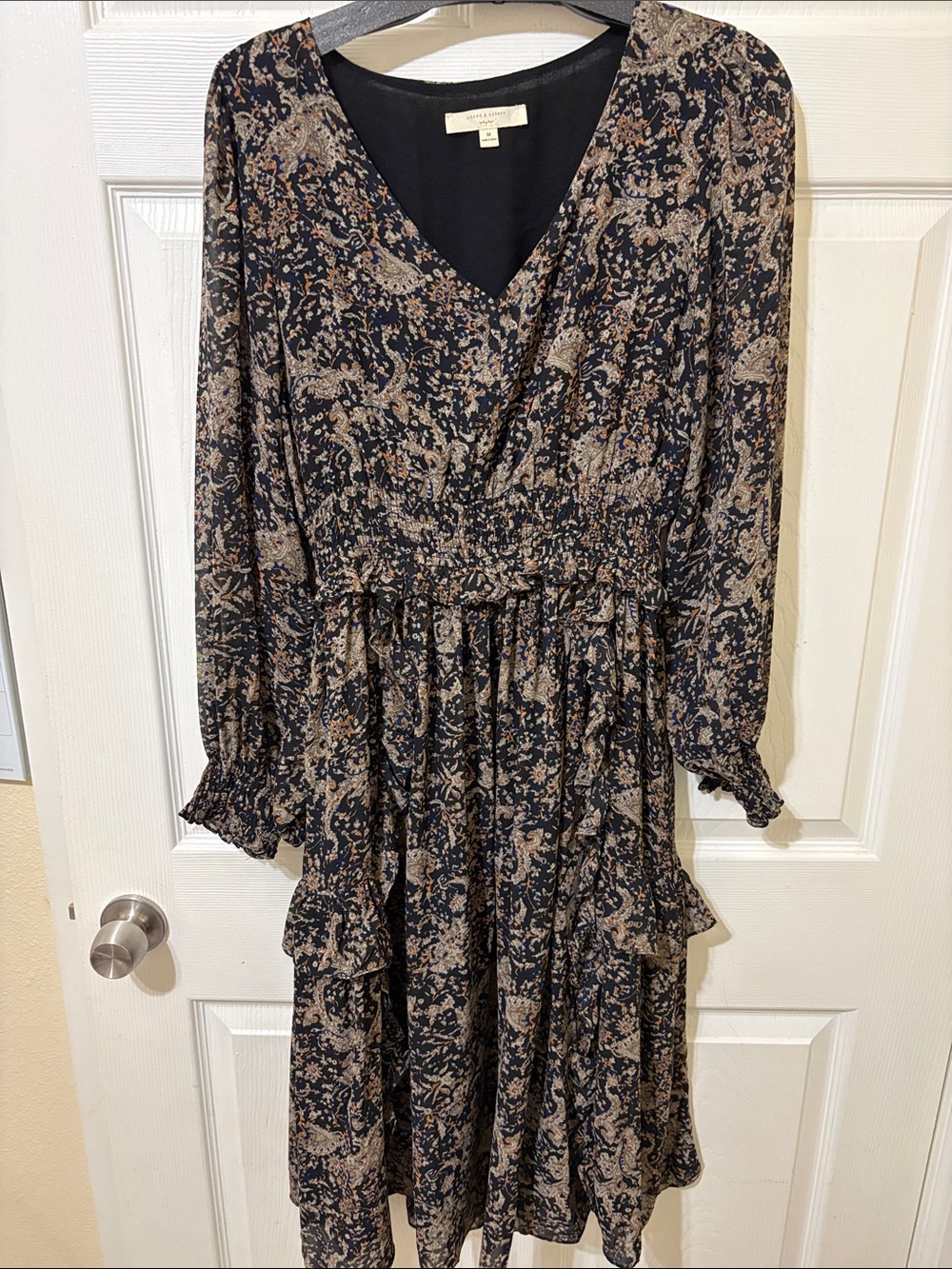 Smocked Waist Long Sleeve Floral Midi Dress in Black and Taupe